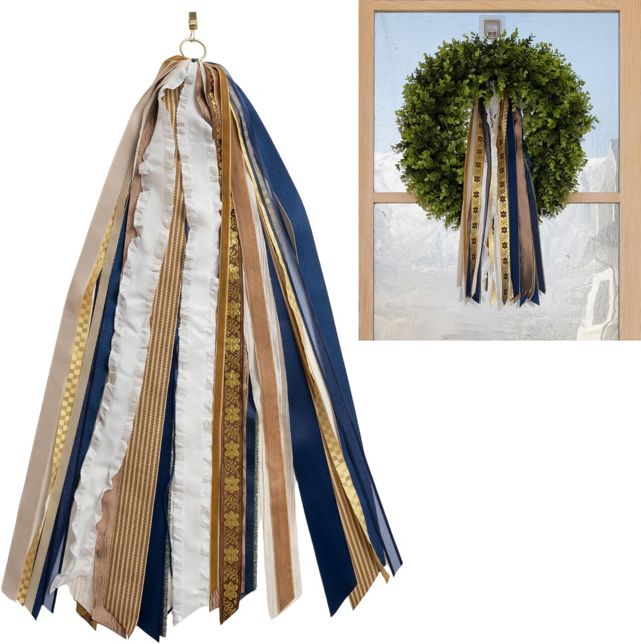 Wreath Ribbon Set - Decorative Bow & Assorted Ribbon for Wreaths - Clip-On Wreath Sash Ribbons Bundle for Indoor & Outdoor Use - Premium Wreath Making Supplies - Golden Winter